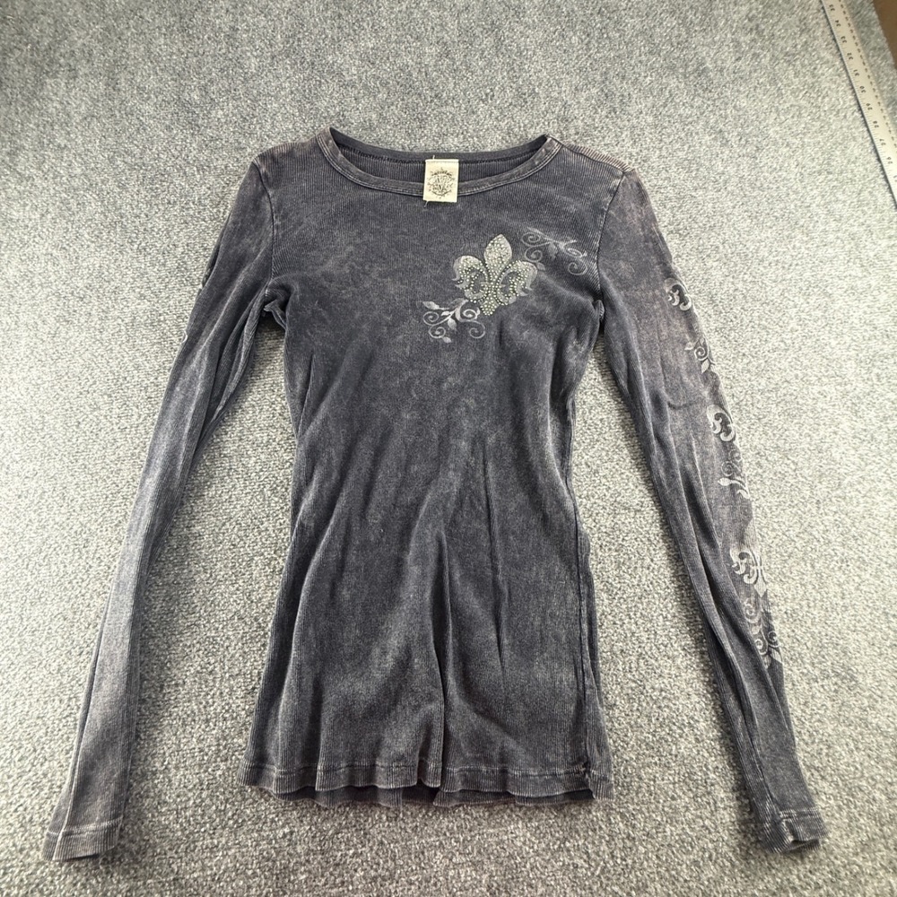 Vocal Charcoal Gray Rhinestone Fleur De Lis Long Sleeve Top y2k grudge goth